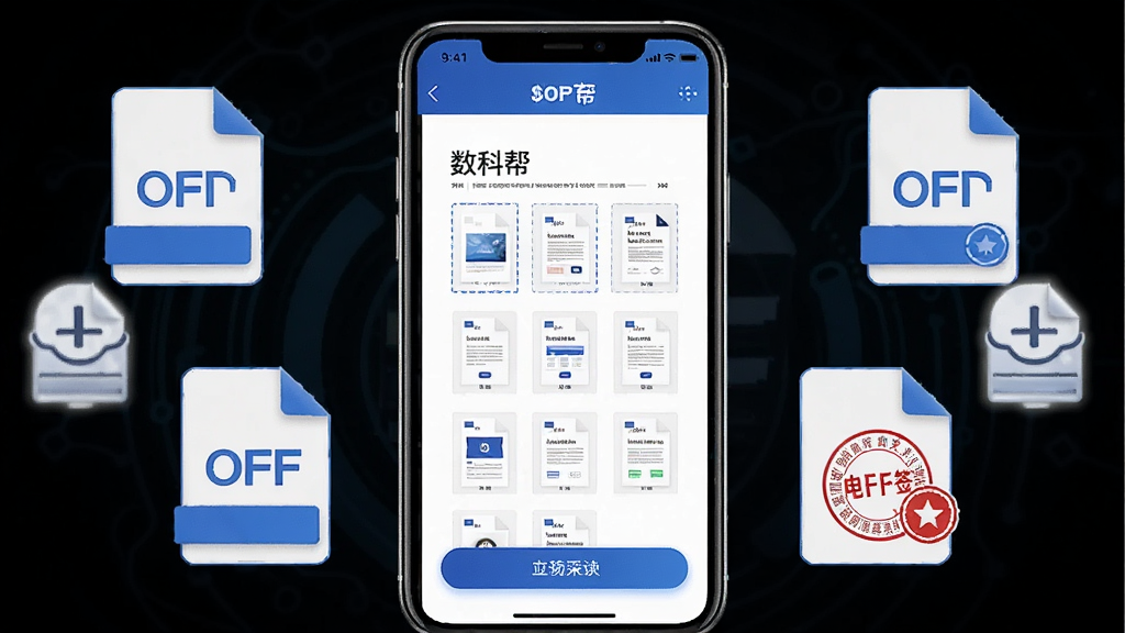 一张展示“数科帮”软件主界面的预览图,主体为手机屏幕中显示版式文档阅读界面,布局为居中放置手机,周围环绕OFD文件图标与电子签章元素,排版简洁清晰,风格为现代科技商务风,细节包含蓝色主色调、文件缩略图、功能按钮,画质高清,干净,无多余元素