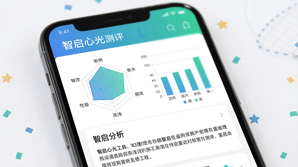AI生图提示词:心理测评工具界面图,画面主体为手机屏幕展示“智启心光”测评报告页面,屏幕上有雷达图、柱状图和文字分析,布局采用上下结构,上方图表下方文字,排版整洁,风格为简约商务扁平风,细节上图表颜色为蓝绿渐变,文字清晰,画质高清,干净无多余元素