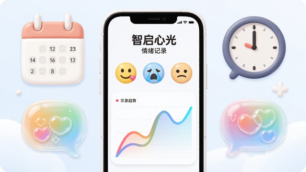 AI生图提示词:情绪记录功能界面图,画面中央为手机屏幕显示“智启心光”情绪记录页面,屏幕上有笑脸、哭脸、平静脸等表情图标,下方是彩色折线趋势图,布局以手机为中心,周围环绕日历、时钟和彩色心情气泡,排版对称,风格为柔和圆角卡通风格,细节上趋势图线条流畅,气泡有透明渐变效果,画质高清,干净无多余元素