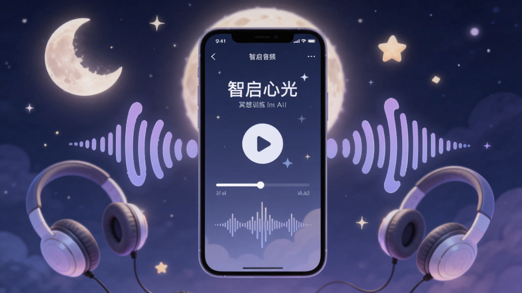 AI生图提示词:放松训练音频界面图,画面中央为手机屏幕显示“智启心光”冥想音频播放页,屏幕上有播放按钮、进度条和波形动画,布局以手机为中心,周围环绕耳机、月亮、星星和声波符号,排版环绕式,风格为梦幻柔光插画,细节上月亮有柔和光晕,声波呈现淡紫色渐变,画质高清,干净无多余元素