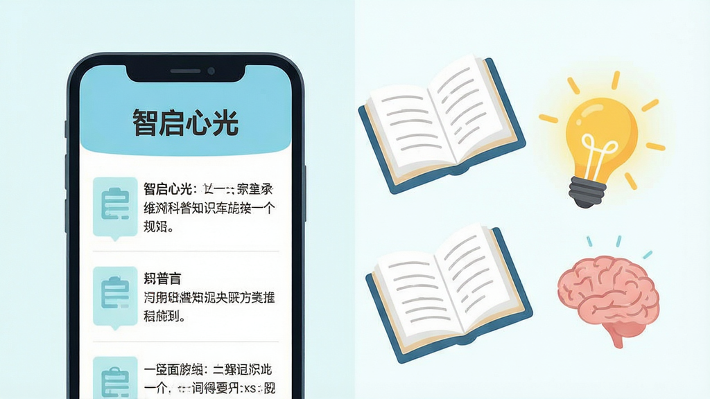 AI生图提示词:心理科普知识库场景图,画面主体为一部手机屏幕展示“智启心光”科普文章列表,旁边漂浮着打开的书本、灯泡和大脑图标,布局采用左右分栏,左侧手机右侧图标群,排版错落有致,风格为清新扁平插画,细节上书本页面有文字线条,灯泡散发暖黄色光芒,画质高清,干净无多余元素