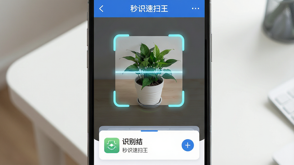 一张展示智能手机屏幕的图片,屏幕中显示“秒识速扫王”软件主界面,界面中央有醒目的扫描框,扫描框内正对着一盆绿色植物,屏幕下方显示识别结果卡片,背景为简洁的浅色桌面环境,整体布局居中对称,风格现代科技感,细节包括扫描光线、图标按钮、文字标签,画质清晰,干净,无多余元素