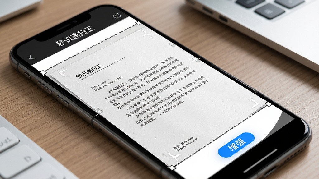 一张展示手机屏幕的图片,屏幕中“秒识速扫王”正在处理一份纸质文档,文档边缘被自动裁切,画面呈现去阴影后的清晰白底黑字效果,背景为办公室桌面,布局采用对角线构图,风格商务办公,细节包括纸张纹理、裁切框、增强按钮,画质清晰,干净,无多余元素