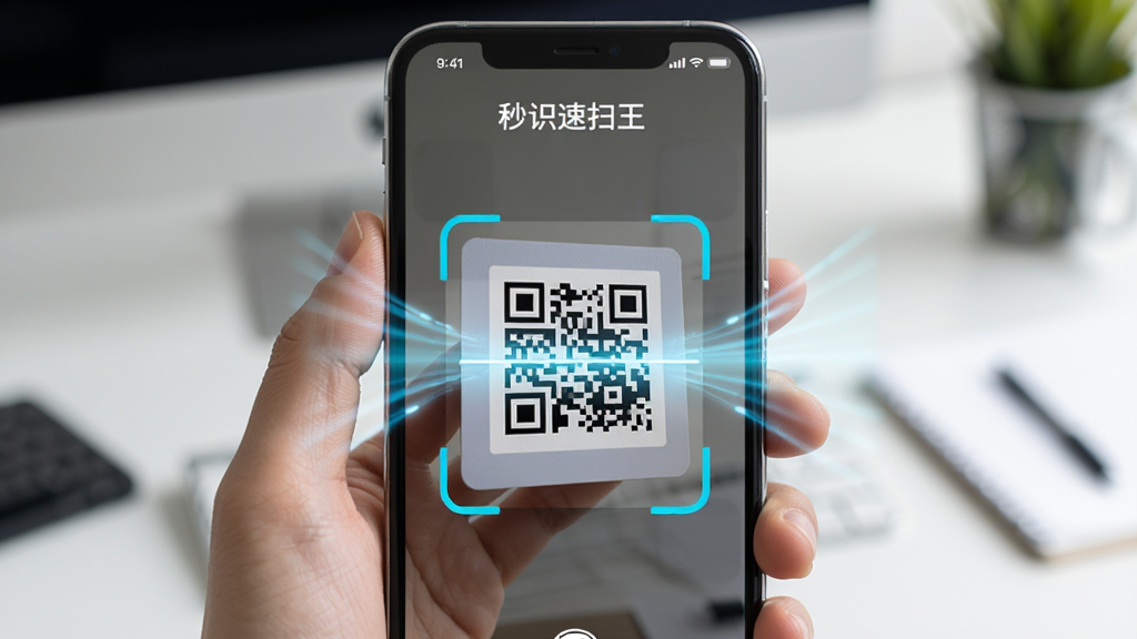画面中央是一部手持手机,手机屏幕显示“秒识速扫王”的扫码界面,扫描框正对一张带有二维码的卡片,周围有动态扫描光效,背景为虚化的办公桌面,布局采用中心构图,风格简洁明快,细节包括手机边框、二维码纹理、扫描线,画质清晰,干净,无多余元素