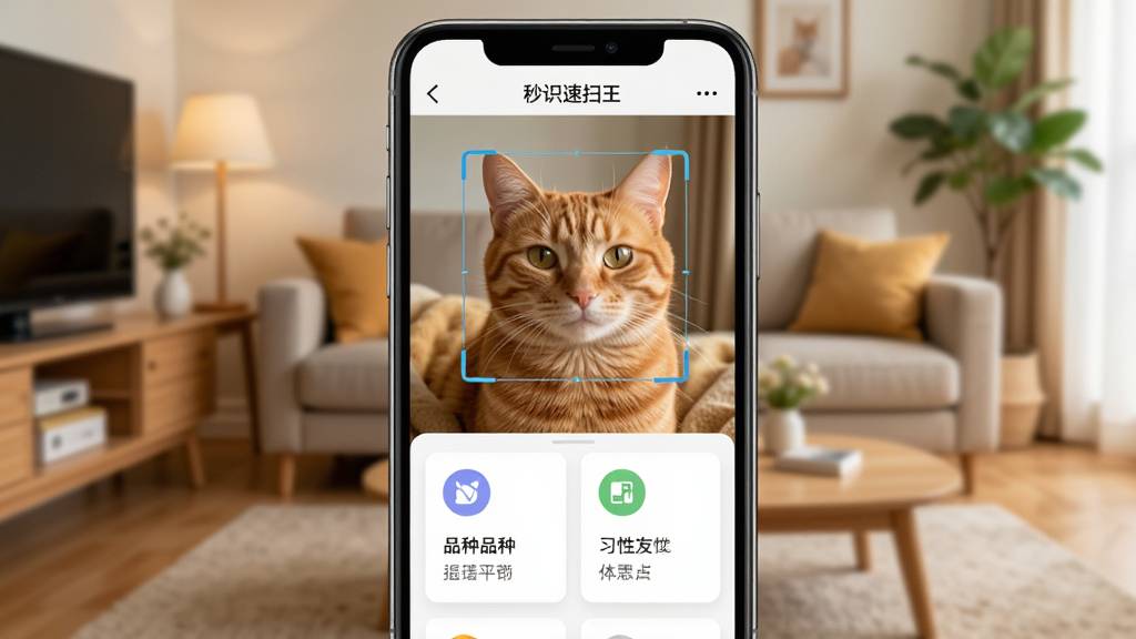 手机屏幕显示“秒识速扫王”的识别结果页面,画面中一只橘猫被识别框选中,屏幕下方显示猫的品种、习性等卡片信息,背景为居家客厅,布局采用居中构图,风格温暖生活化,细节包括猫的毛发、识别框线条、信息卡片图标,画质清晰,干净,无多余元素