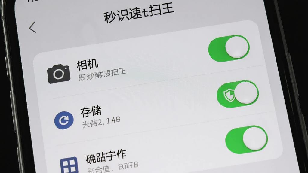 手机屏幕显示“秒识速扫王”的权限管理页面,页面中列出相机、存储等权限开关,旁边有绿色盾牌图标,背景为简洁的灰色渐变,布局采用列表式排版,风格安全可靠,细节包括开关按钮、图标线条、文字说明,画质清晰,干净,无多余元素