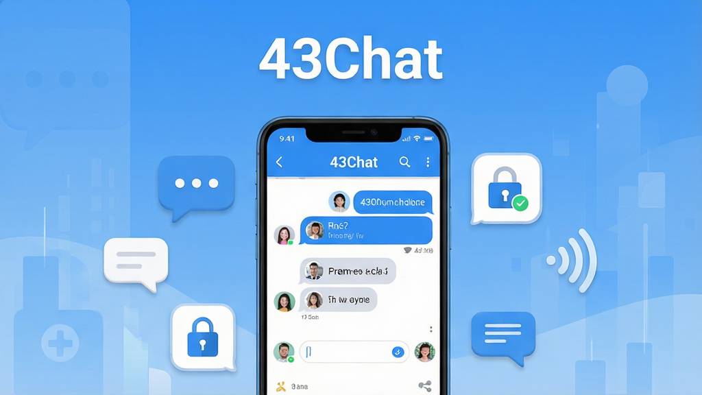 画面中央放置一部安卓手机,手机屏幕显示“43Chat”聊天界面,界面包含聊天气泡、输入框和联系人头像。手机周围环绕简洁的聊天气泡图标、锁形安全图标和信号波纹。布局采用居中构图,上方留白放置软件名称“43Chat”。风格为现代扁平化科技风,色调以蓝白为主,辅以浅灰。细节上聊天界面清晰可辨,图标圆润简洁。画质高清,干净,无多余元素。