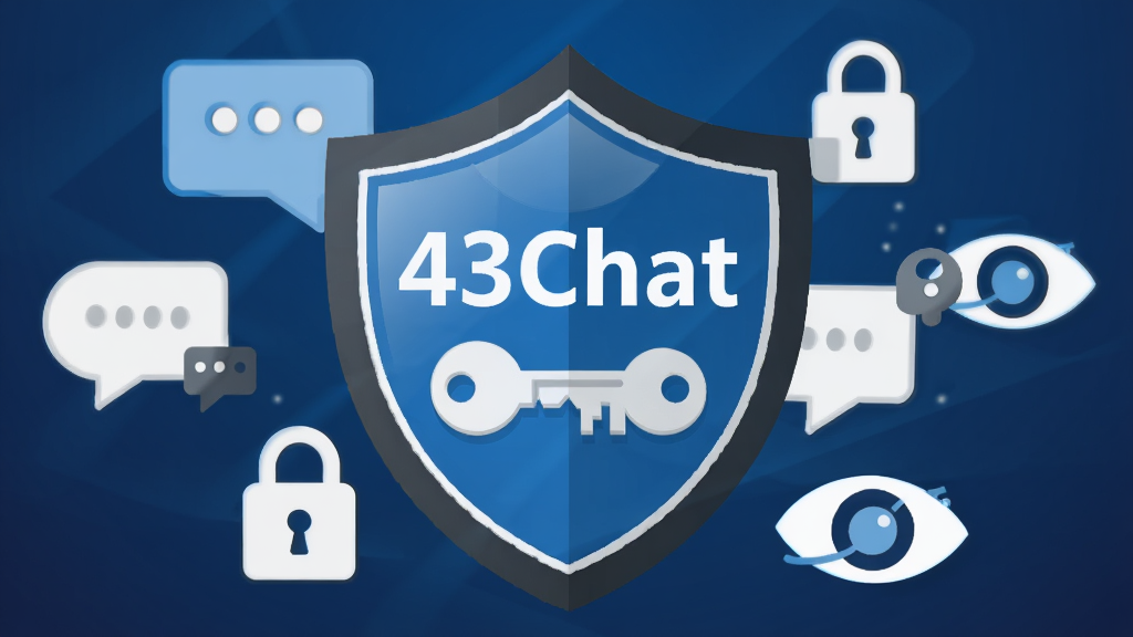 画面主体为一个盾牌形状的安全图标,盾牌内部显示“43Chat”字样和一把钥匙。盾牌周围环绕着聊天气泡、锁形图标和眼睛图标。布局采用居中构图,背景为深蓝色渐变。风格为扁平化安全主题插画,色调以蓝、白、深灰为主。细节上盾牌表面有轻微光泽,图标线条简洁。画质高清,干净,无多余元素。