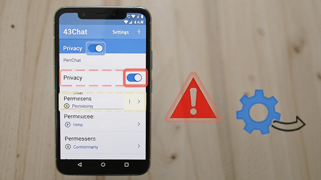画面主体为一部安卓手机,屏幕显示“43Chat”的设置界面,界面中隐私开关和权限选项被高亮标注。手机旁边有一个红色的警示三角图标和一个蓝色的齿轮图标。布局为手机居中偏左,图标在右侧排列。风格为教程指引风,色调以白、蓝、红为主。细节上设置界面文字清晰,图标醒目。画质高清,干净,无多余元素。