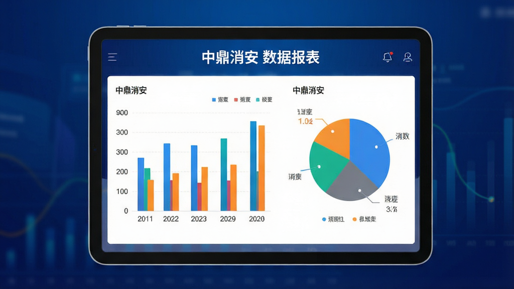 主体为一部平板电脑,屏幕上显示中鼎消安的数据统计图表,包括柱状图和饼图;布局为平板居中,背景为深蓝色渐变;排版为横版构图;风格为现代商务数据可视化;细节包括图表色彩鲜明、数据标签清晰、界面简洁;画质为高清,干净无多余元素,图片中文字内容包含“中鼎消安 数据报表”
