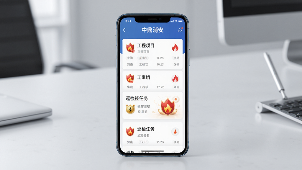 主体为一部智能手机,屏幕上显示中鼎消安APP的首页界面,包含消防工程项目列表和巡检任务卡片;布局为手机居中,背景为浅灰色简洁办公室桌面;排版为竖版构图,手机屏幕内容清晰可见;风格为现代科技感写实风;细节包括手机边缘反光、界面图标精致、消防元素隐约点缀;画质为高清4K,干净无多余元素,图片中文字内容包含“中鼎消安”