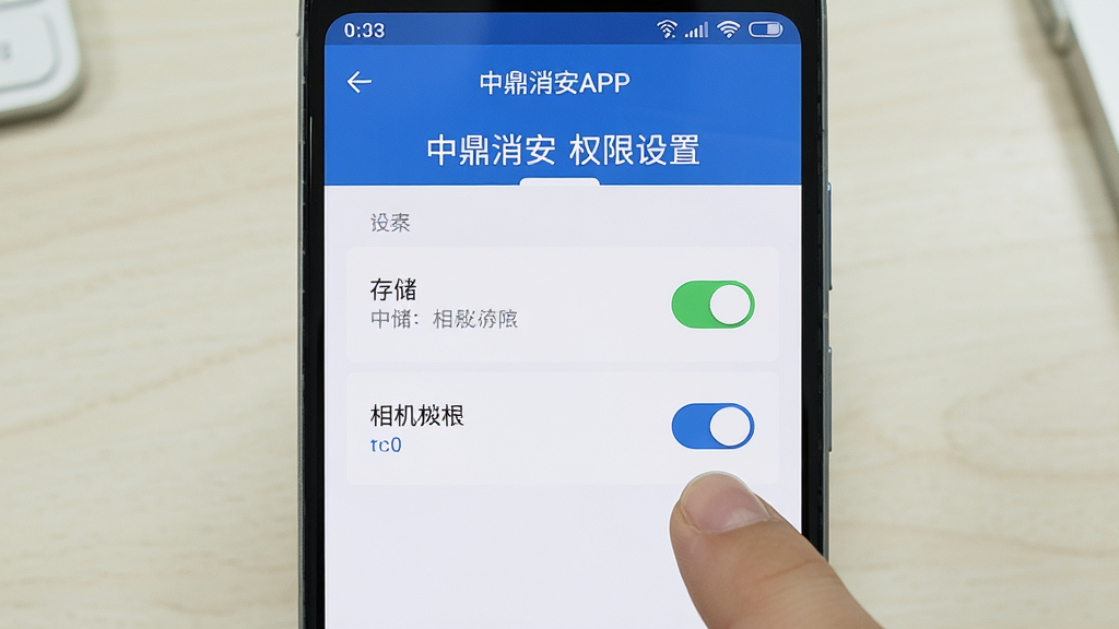 主体为一部安卓手机,屏幕上显示中鼎消安APP的权限设置界面,包含存储和相机权限开关;布局为手机居中,背景为浅色桌面;排版为竖版构图;风格为简洁教程风;细节包括权限开关高亮显示、手指点击动作、界面文字清晰;画质为高清,干净无多余元素,图片中文字内容包含“中鼎消安 权限设置”