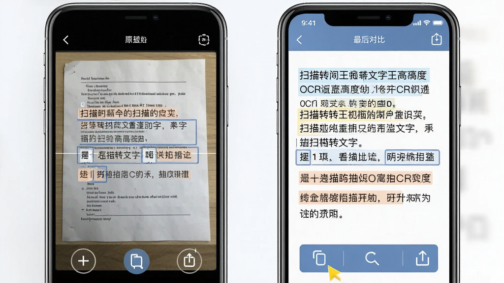 一张展示扫描转文字王高精度OCR识别功能的图片,主体为手机屏幕显示识别前后对比界面,布局为左半部分为原始文档照片,右半部分为识别出的可编辑文字,排版采用分屏对比形式,风格为简洁商务风,细节包括识别高亮框、复制按钮、导出图标,画质清晰,干净,无多余元素