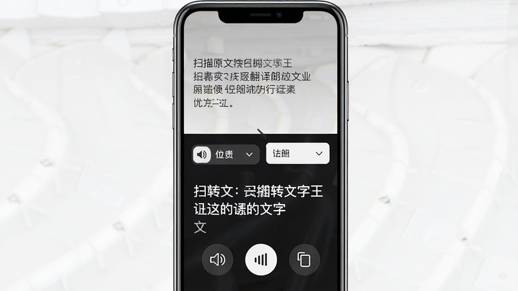 一张展示扫描转文字王实时翻译与朗读功能的图片,主体为手机屏幕显示翻译结果和语音播放按钮,布局为上下结构,上方为原文,下方为译文,排版清晰,风格为现代简约风,细节包括喇叭图标、语言选择下拉框、复制按钮,画质高清,干净,无多余元素