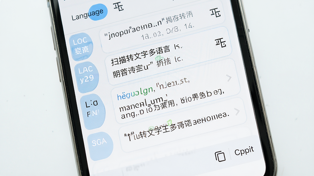 一张展示扫描转文字王多语言识别功能的图片,主体为手机屏幕显示多种语言文字并列的识别结果界面,布局为纵向排列的语言标签和对应文字块,排版整齐有序,风格为清新浅色系,细节包括语言切换按钮、翻译图标、复制选项,画质高清,干净,无多余元素