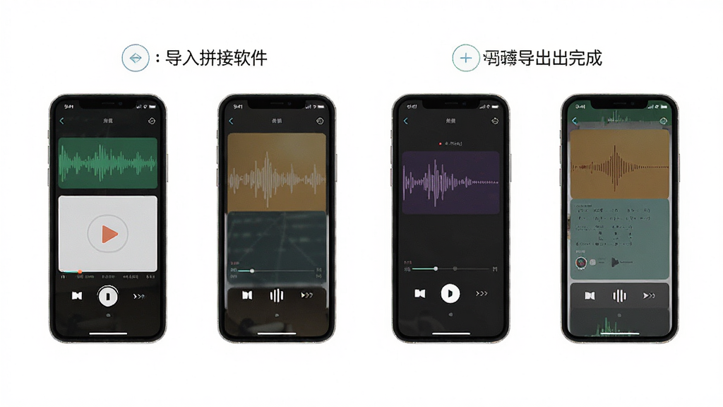 音频拼接软件在手机上的操作步骤示意图,画面展示从导入音频到导出完成的四个步骤,每步配手机屏幕截图,背景为白色,风格简约,布局整齐,细节清晰,画质干净,无多余元素