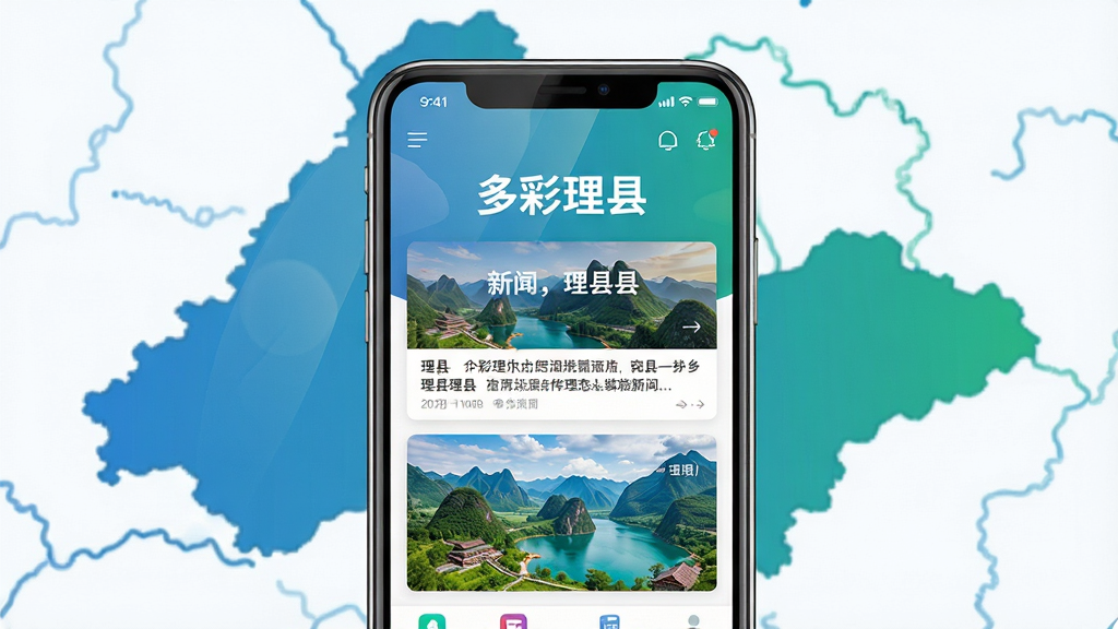 主体为一部智能手机,屏幕上显示着多彩理县APP的首页界面,界面中有新闻资讯卡片和理县山水风景图;布局为手机居中放置,背景是抽象的理县地图轮廓;排版简洁大方,标题文字为“多彩理县”;风格为现代扁平化科技风,色彩以蓝绿为主;细节上手机屏幕有轻微反光,界面图标清晰;画质高清,干净,无多余元素。