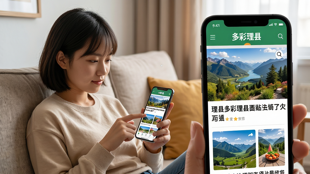 主体为一位年轻人坐在沙发上使用手机浏览多彩理县APP的新闻页面,手机屏幕显示理县风景和新闻标题;布局为人物在左,手机屏幕特写放大在右;排版采用杂志风格;风格温馨生活化;细节上人物表情专注,屏幕文字清晰可见“多彩理县”字样;画质高清,干净,无多余元素。