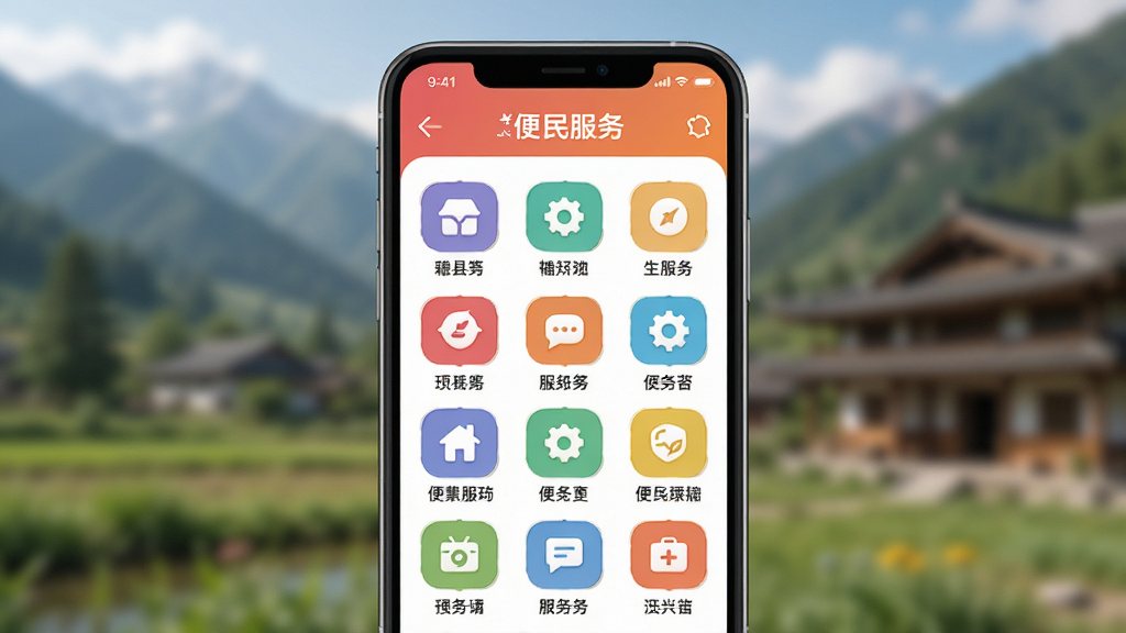 主体为手机屏幕显示多彩理县APP的便民服务页面,有多个服务图标网格排列;布局为手机正面特写,背景虚化;排版整齐;风格为清爽简约;细节上图标色彩鲜明,文字清晰;画质高清,干净,无多余元素。
