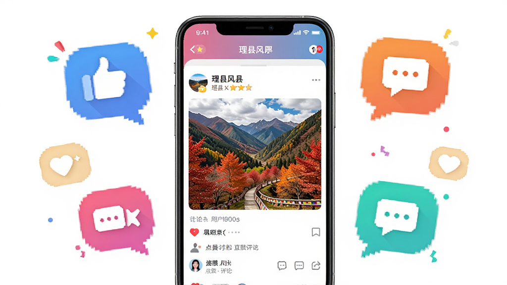 主体为多彩理县APP的社区界面截图,展示用户发布的理县风景照片和点赞评论;布局为手机屏幕居中,周围环绕点赞和评论的气泡图标;排版活泼;风格为社交互动风;细节上照片内容为理县红叶,界面友好;画质高清,干净,无多余元素。
