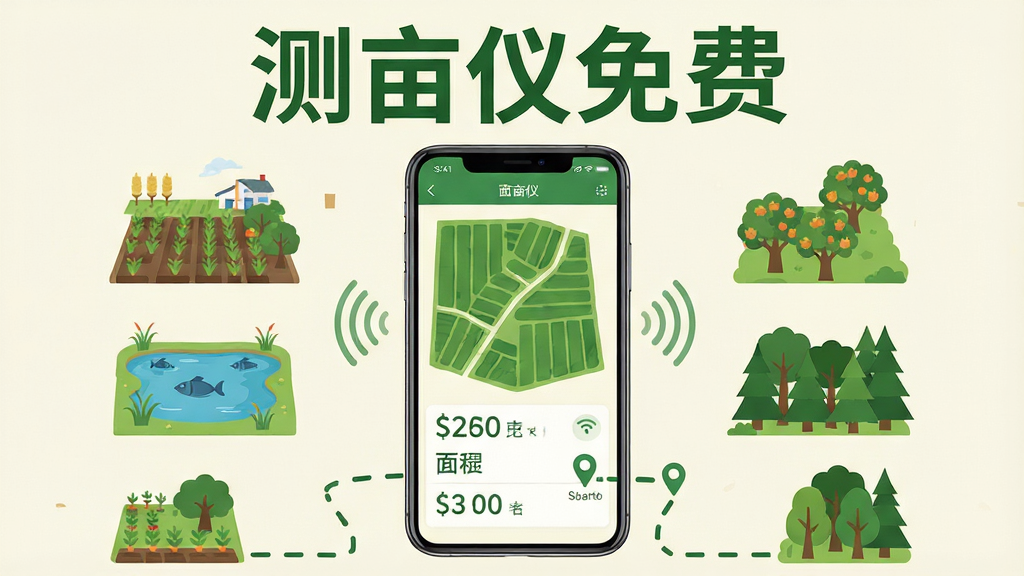 画面中央是一部竖屏智能手机,手机屏幕上显示绿色田块地图与面积测量数据,手机周围环绕着农田、果园、鱼塘、林地四类地块的扁平化插画图标,顶部用大号字体写出“测亩仪免费”,整体采用清新农业绿与米白色搭配的扁平插画风格,布局为上下结构,上方为软件名称标题,中部为手机主体,下方为地块图标与测量轨迹线条,细节上加入GPS信号波纹、测量起点与终点标记、面积数值面板,画质清晰干净,无多余元素