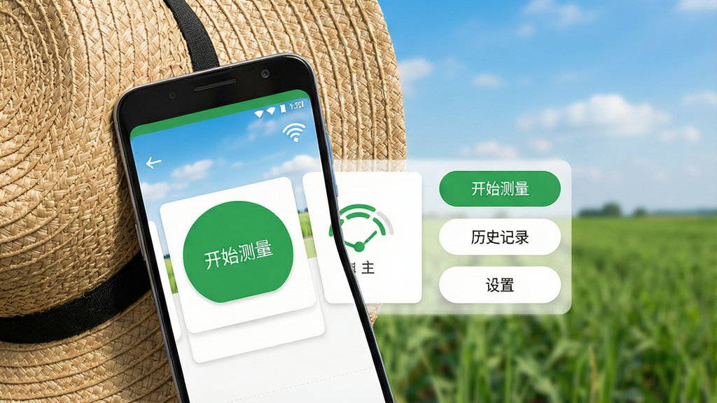 一部安卓手机放在草帽旁,屏幕显示简洁的测亩仪免费首页界面,界面中有“开始测量”“历史记录”“设置”三个大按钮,背景是田野与蓝天,整体为清爽简约风格,构图采用俯拍视角,细节包含绿色主按钮、白色卡片式布局、GPS信号小图标,画质干净,无多余元素