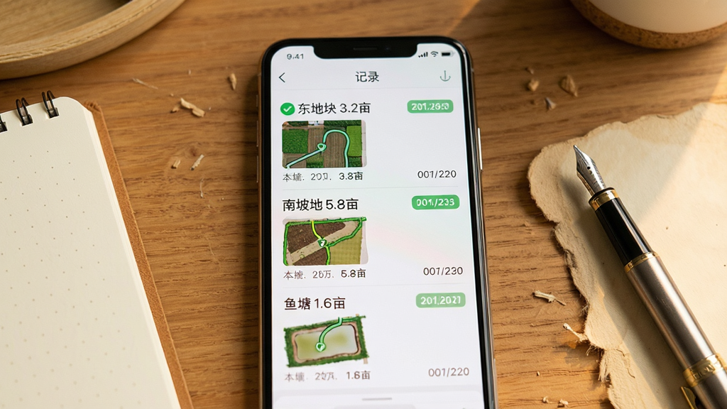 手机屏幕显示测量记录列表,列表项包含“东地块 3.2亩”“南坡地 5.8亩”“鱼塘 1.6亩”等条目,每条记录带有缩略轨迹图与日期,手机放置在木质桌面上,旁边有笔记本和钢笔,整体为温暖生活化风格,布局为手机居中、桌面物品环绕,细节包含绿色对勾图标、面积数值、日期标签,画质清晰,干净无多余元素