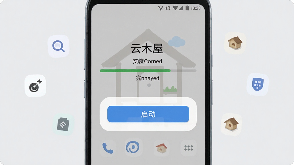一部安卓手机屏幕显示“云木屋”安装进度条已完成,界面弹出启动按钮,手机周围有轻量化的图标元素飘浮,背景为浅灰色,风格干净利落,画面简洁,画质清晰