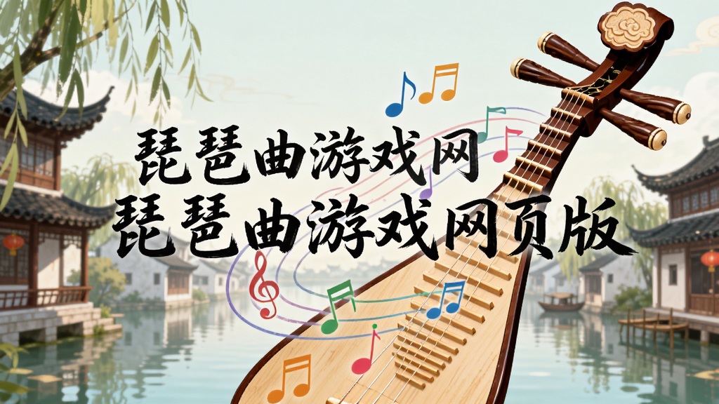 画面主体为一把精致的琵琶乐器,琴弦上漂浮着五颜六色的音符符号,背景是古代江南水乡的楼阁与垂柳,画面中央用毛笔字体写着“琵琶曲游戏网页版”,整体风格为中国风插画,细节丰富,画质高清,干净无多余元素