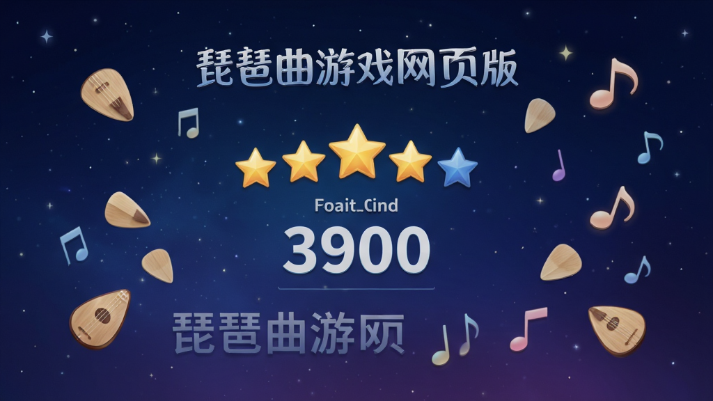 画面展示一个游戏结算界面,屏幕中央显示评分星级和连击数字,周围散落着琵琶拨片和音符图标,背景为深蓝色渐变星空,界面风格现代简洁,文字清晰可见“琵琶曲游戏网页版”,画质细腻,干净无多余元素