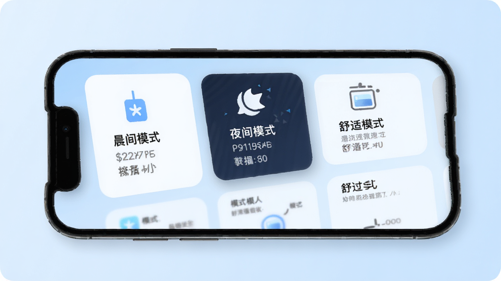 手机屏幕显示恩仕智慧浴室应用的模式选择界面,卡片式布局排列晨间模式、夜间模式、舒适模式等选项,每个卡片配有简洁图标和参数说明,背景是淡蓝色渐变,风格清新科技,细节清晰,画质干净,无多余元素