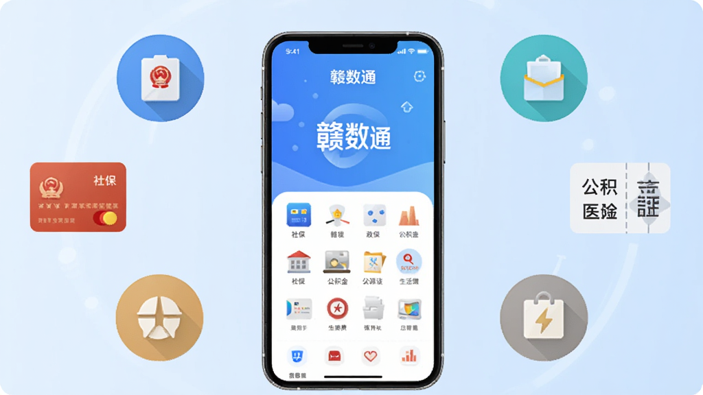手机屏幕居中展示“赣数通”App主界面,背景为淡蓝色渐变,周围环绕政务办事图标、社保卡、公积金、医保凭证、生活缴费等元素,整体采用扁平化科技风格,画面干净整洁,文字清晰可读,高分辨率,无多余元素