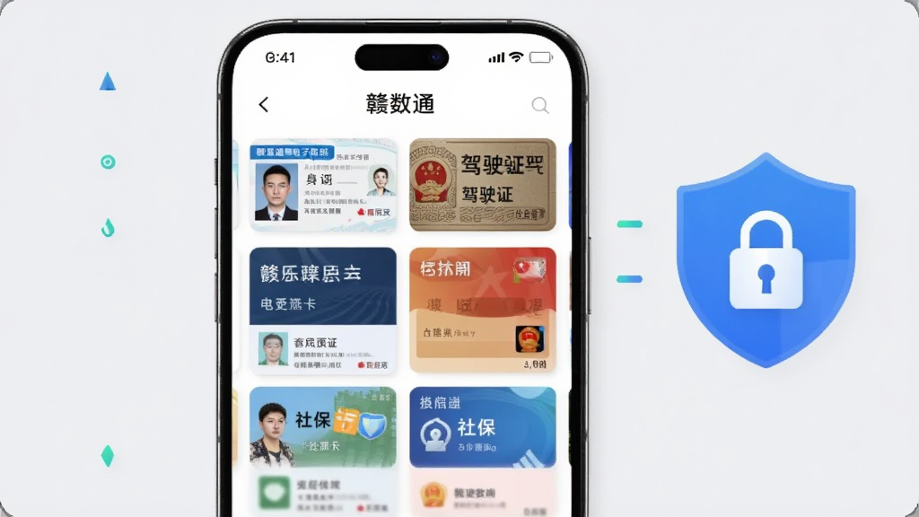 AI生图,一部手机展示“赣数通”电子证照卡包界面,卡片式布局排列身份证、驾驶证、社保卡等电子证件,画面右侧有盾牌与锁的图标象征安全,背景为浅灰色,整体风格简洁现代,文字“赣数通”出现在屏幕顶部,画质清晰,无多余元素