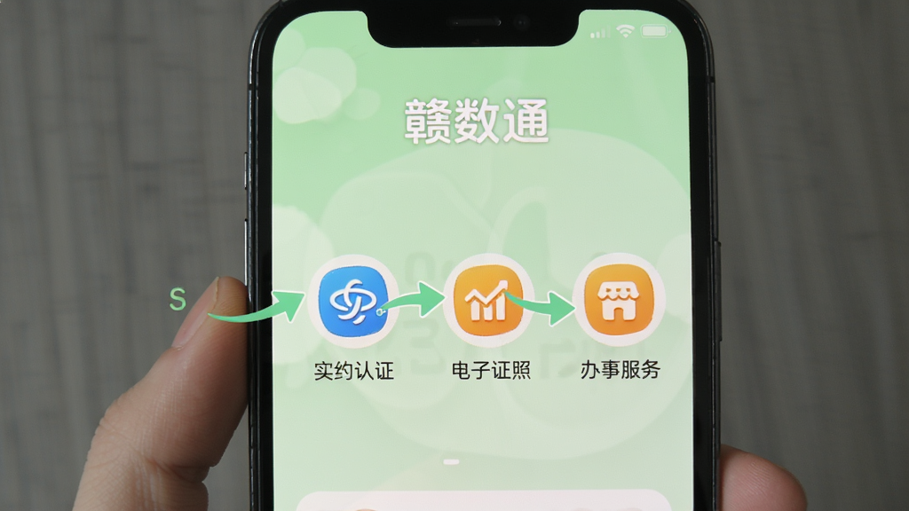手机屏幕展示“赣数通”新手引导页面,画面中有步骤提示箭头指向实名认证、电子证照、办事服务等图标,背景为浅绿色,风格清新友好,文字“赣数通”位于顶部,画质清晰,无多余元素