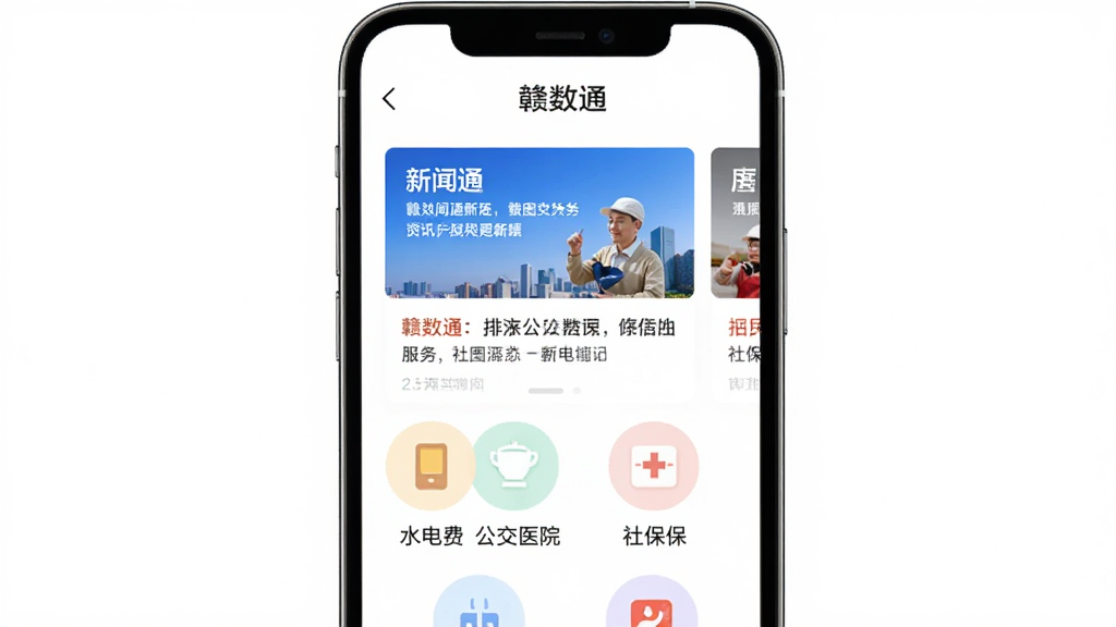 AI生图,手机屏幕显示“赣数通”资讯与便民服务页面,上方是新闻卡片,下方排列水电费、公交、医院、社保等圆形图标,背景为白色,图标色彩柔和,界面排版整齐,顶部有“赣数通”文字标识,高分辨率,干净简洁,无多余元素