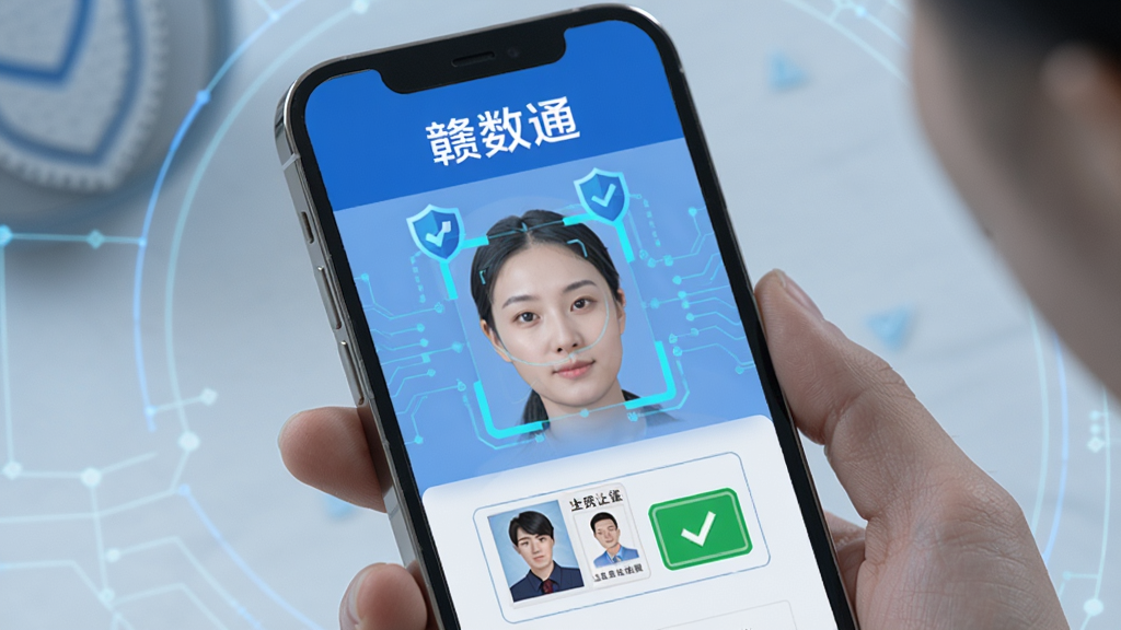 AI生图,手机屏幕显示“赣数通”实名认证页面,画面中有人脸识别框和身份证上传区域,背景为淡蓝色科技感线条,盾牌与对勾图标突出安全认证,文字“赣数通”位于顶部,整体风格专业可靠,画质清晰,无多余元素
