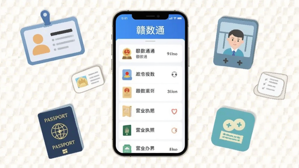 AI生图,画面中央一部智能手机,屏幕显示“赣数通”政务办事列表,周围漂浮着身份证、户口本、护照、营业执照等卡通图标,背景为浅色网格纹理,扁平化设计风格,文字“赣数通”清晰可见,画质干净,无多余元素