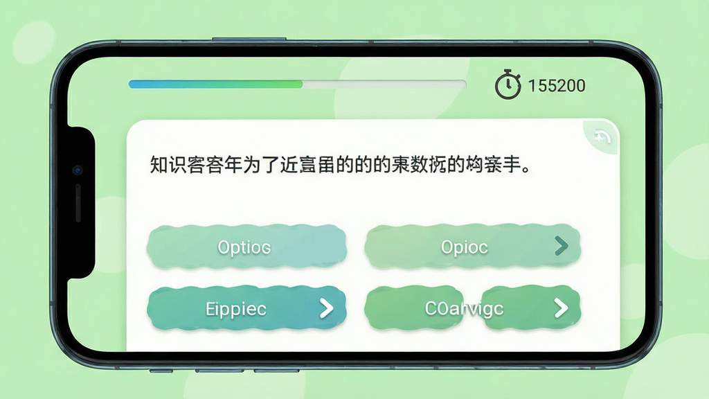 知识问答软件答题界面,手机屏幕显示一道选择题,题干清晰,下方四个选项按钮排列整齐,顶部有进度条和计时器,背景为清新浅绿色,风格简洁明快,细节丰富,画质高清,干净无多余元素