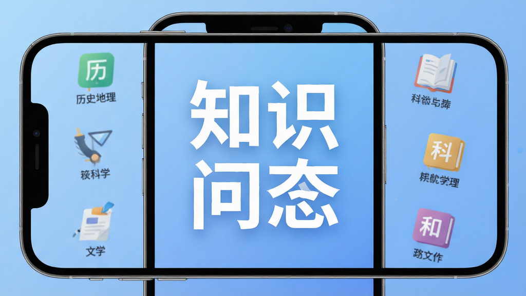 知识问答软件主界面展示,手机屏幕中央显示知识问答四个大字标题,周围环绕历史地理科学文学等学科图标,背景为柔和蓝色渐变,布局清晰简洁,风格现代扁平化,细节精致,画质高清,干净无多余元素