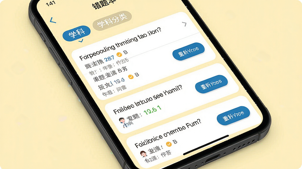 知识问答软件错题本界面,手机屏幕显示错题列表与学科分类标签,每道题旁边有重新作答按钮,背景为淡黄色护眼色调,风格清晰易读,细节丰富,画质高清,干净无多余元素