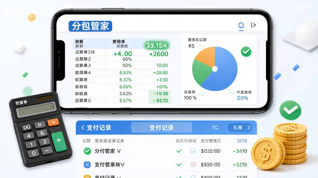 软件名称“分包管家”,主体为手机屏幕显示费用结算表格与饼状统计图,旁边有计算器与钱币图标;布局为上下结构,上方为结算单详情,下方为支付记录列表;风格为清爽商务风,细节包括数字高亮与绿色对勾标识;画质高清干净,无多余元素。