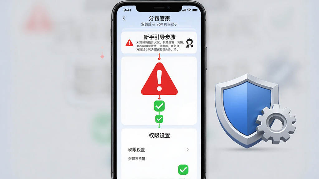 软件名称“分包管家”,主体为手机屏幕显示新手引导步骤与红色警告图标,旁边有盾牌与齿轮;布局为纵向流程图,上方为安装提示,下方为权限设置界面;风格为警示提示风,细节包括红色感叹号与绿色对勾;画质高清干净,无多余元素。