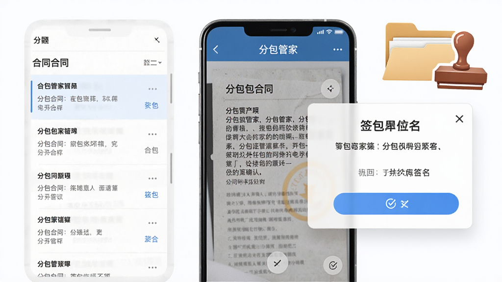 软件名称“分包管家”,主体为一部手机屏幕显示分包合同电子签名界面,旁边有文件夹与印章图标;布局为左右分栏,左侧展示合同列表,右侧展示签名确认弹窗;风格为简洁办公风,细节包括合同纸张纹理与蓝色勾选按钮;画质高清干净,无多余元素。