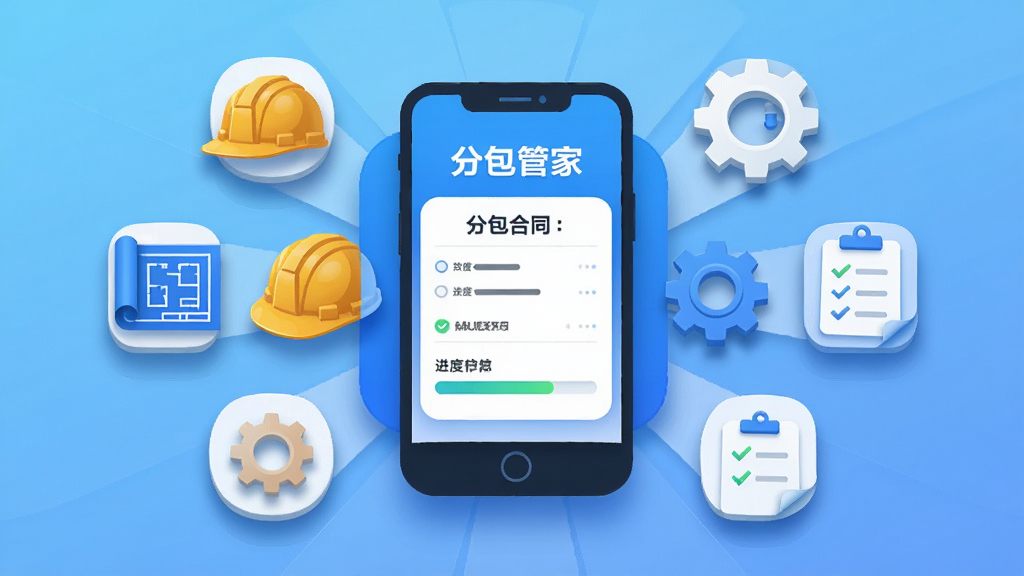 软件名称“分包管家”,主体为一个蓝色调的手机应用图标悬浮在中央,周围环绕着建筑工地元素如安全帽、图纸、齿轮与清单图标;布局采用中心对称的放射状排列,手机屏幕中显示分包合同与进度条界面;风格为扁平化科技商务风,细节包括清晰的图标阴影与柔和的渐变背景;画质要求高清干净,无多余元素,适合作为软件下载站头图。