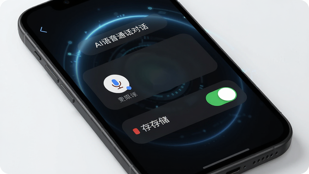 手机屏幕显示AI语音通话对话的权限设置界面,有麦克风和存储开关。背景是深色模式,有科技感的光晕。风格简约,细节包括界面上的“AI语音通话对话”文字和权限图标。画质清晰,干净,无多余元素。