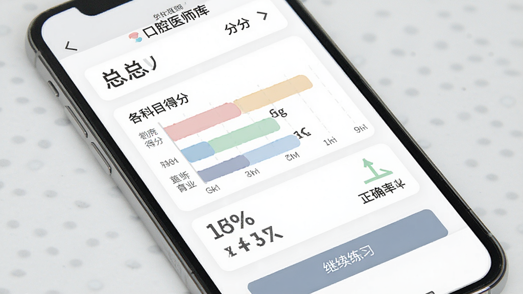 一张展示口腔医师题库帮模拟考试成绩报告的预览图,画面中手机屏幕显示成绩单页面,包含总分、各科目得分条状图、正确率百分比以及“继续练习”按钮,背景为淡灰色,风格商务简洁,细节上图表颜色柔和,画质清晰,无多余元素