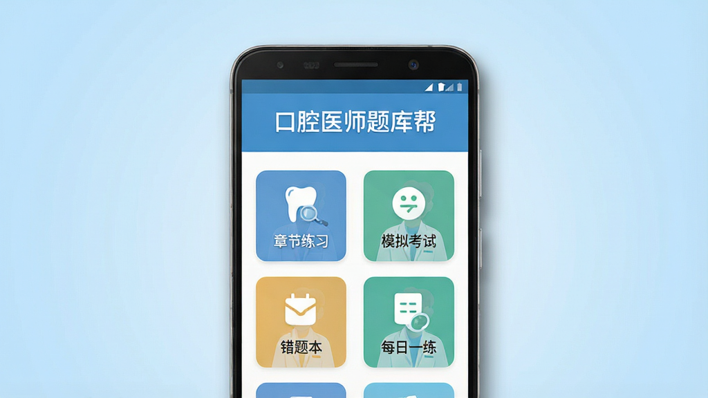 一张展示口腔医师题库帮软件界面的预览图,画面中央放置一部安卓手机,手机屏幕显示软件首页,顶部有“口腔医师题库帮”文字标识,下方排列着章节练习、模拟考试、错题本、每日一练等功能图标,背景为干净的浅蓝色渐变,布局简洁清晰,风格现代扁平化,细节上手机边缘有轻微阴影,画质高清,无多余元素