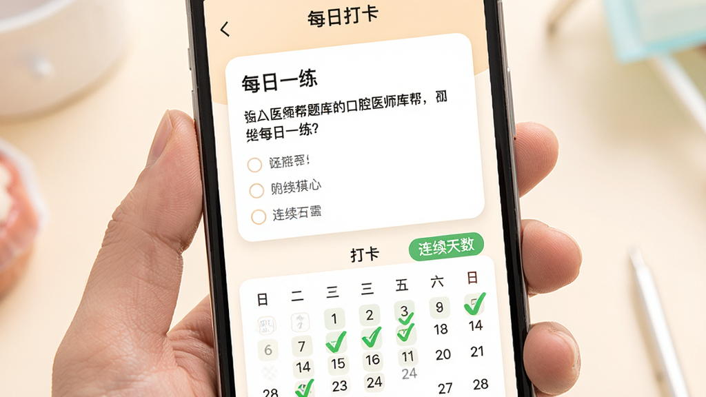 一张展示口腔医师题库帮每日一练打卡页面的预览图,画面中手机屏幕显示“每日一练”卡片,卡片上有题目内容与选项,下方有打卡日历与连续天数标识,背景为暖白色,风格温馨清新,细节上日历有绿色对勾标记,画质高清,无多余元素
