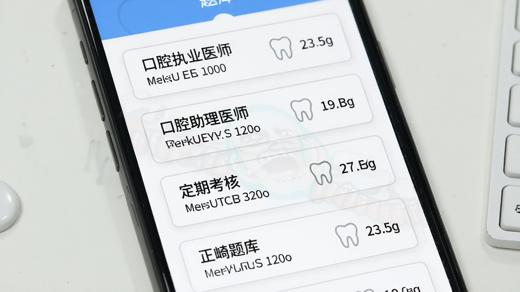 一张展示口腔医师题库帮题库分类页面的预览图,画面主体为一部手机屏幕,屏幕上清晰列出“口腔执业医师”“口腔助理医师”“定期考核”“正畸题库”等分类标签,每个标签旁有对应题目数量,背景为白色卡片式布局,风格清新简约,细节上标签有浅灰色边框,画质干净清晰,无多余元素