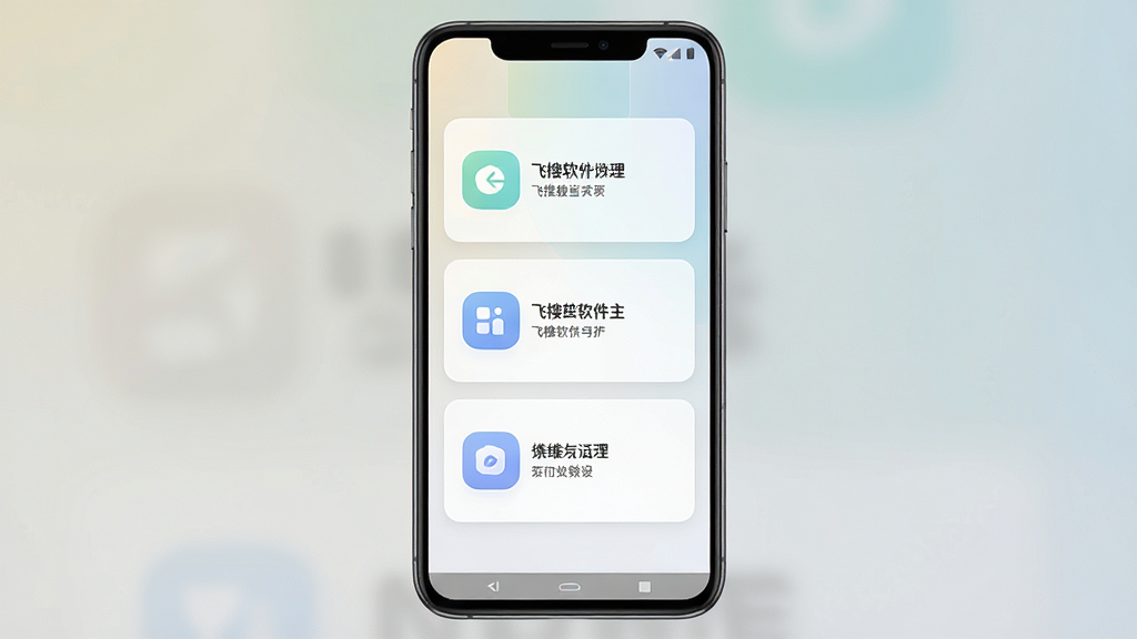 一张展示手机屏幕上飞梭软件主界面的预览图,主体为一部竖屏安卓手机,布局为居中放置,手机屏幕中显示简洁的卡片式功能入口,排版为上下结构,风格为科技简约风,细节包括浅色渐变背景、圆角图标和清晰的文字标签,画质清晰干净,无多余元素
